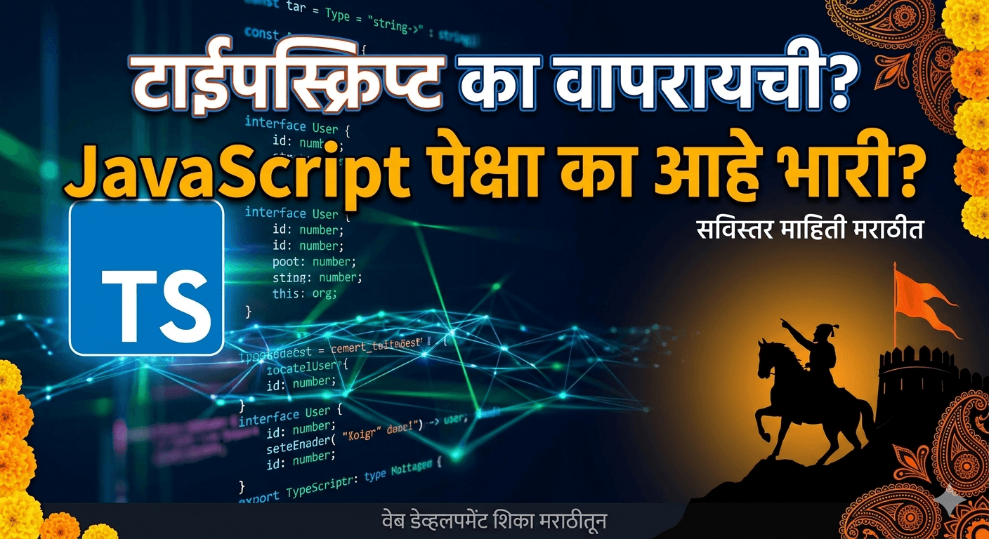 TypeScript vs JavaScript comparison in Marathi with Chhatrapati Shivaji Maharaj silhouette and coding background for web development tutorial.
